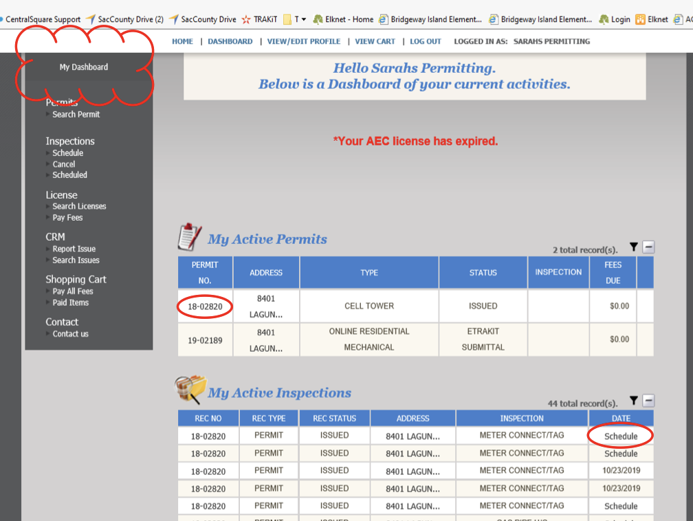 View of the permit portals dashboard and how to schedule an inspection