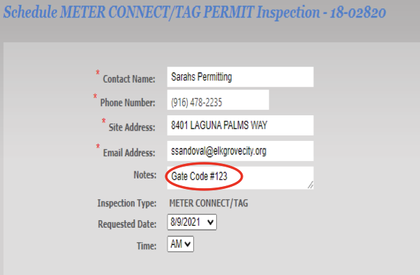 Sample of notes to enter at inspection request