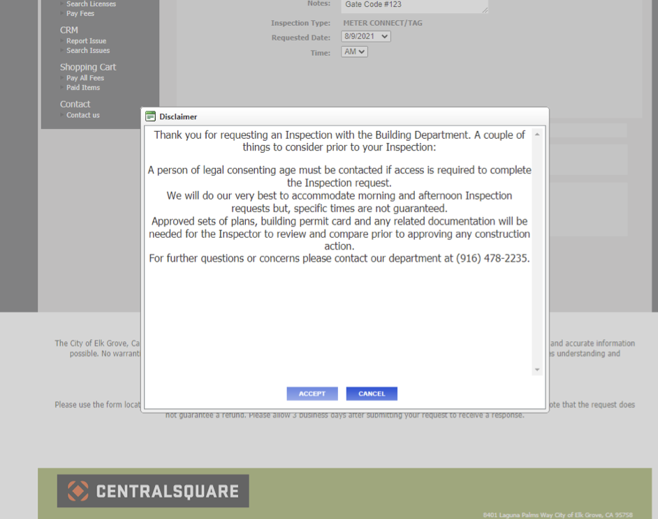 View of the applicant disclaimer box needing to be accepted to complete the inspection request