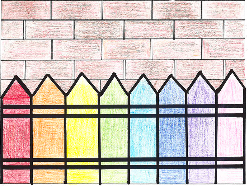 "multi-colored crayons against a brick wall"