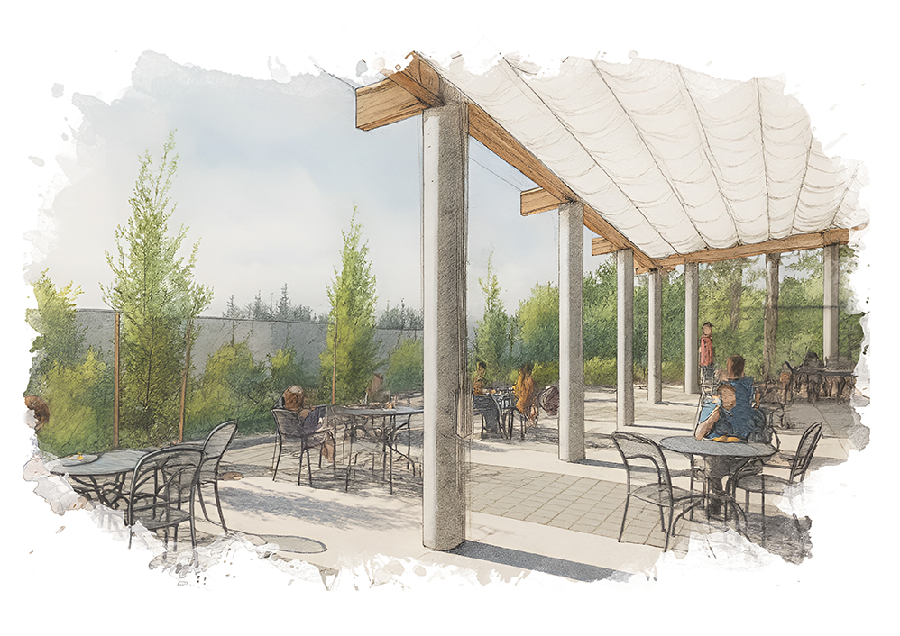 a rendering of an outdoor space in a water color style