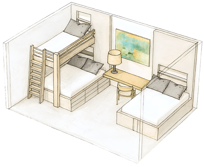 a rendering of a bedroom with a single and bunk beds in a water color style