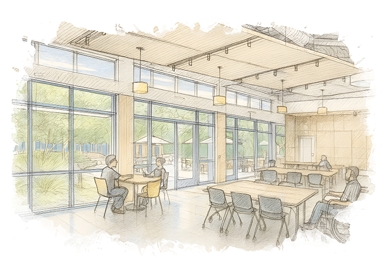 a rendering of a multipurpose space in a water color style