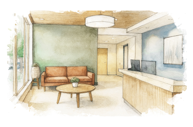 a rendering of an entry space in a water color style