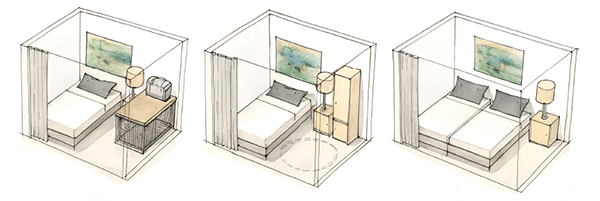 a rendering of three types of bedrooms in a water color style