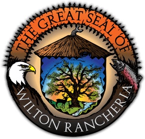 The Wilton Rancheria Seal featuring an acorn, an eagle, and salmon in a circle with text 