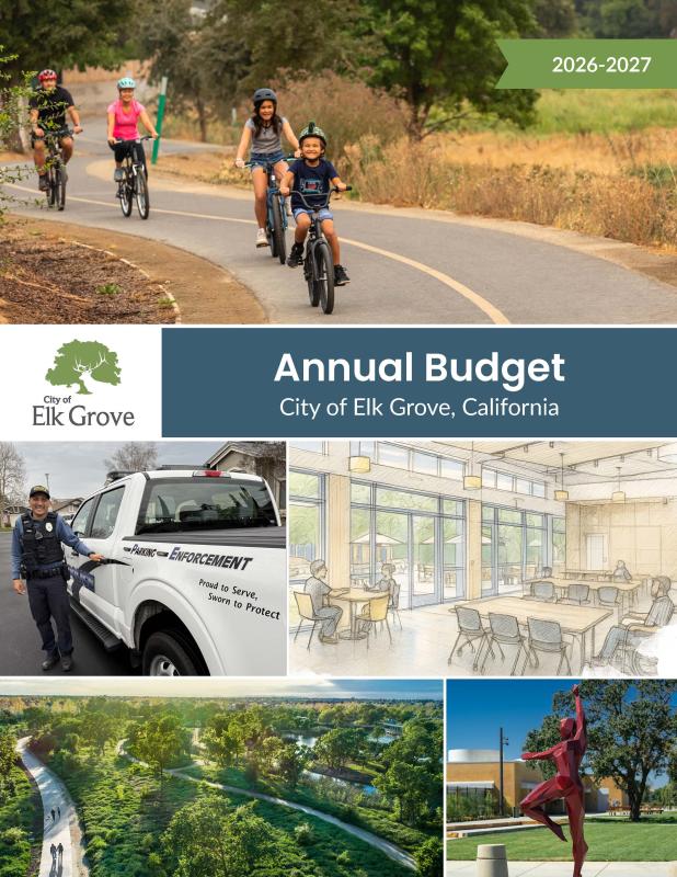 FY 2026-27 Budget Book Front cover with a collage of images that include and aerial view of a trail, a parking enforcement officer, and a family on bikes on a trail.