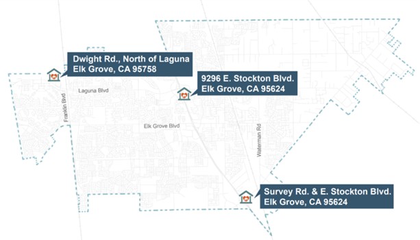 map of city limits that denotes three possible locations for the future shelter