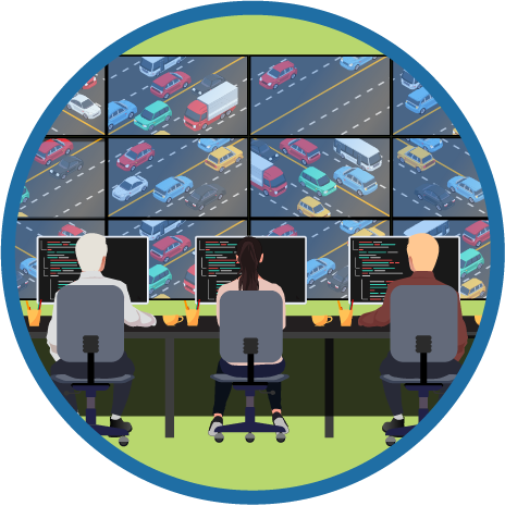 Icon showing people at workstations in a Traffic Management Center.