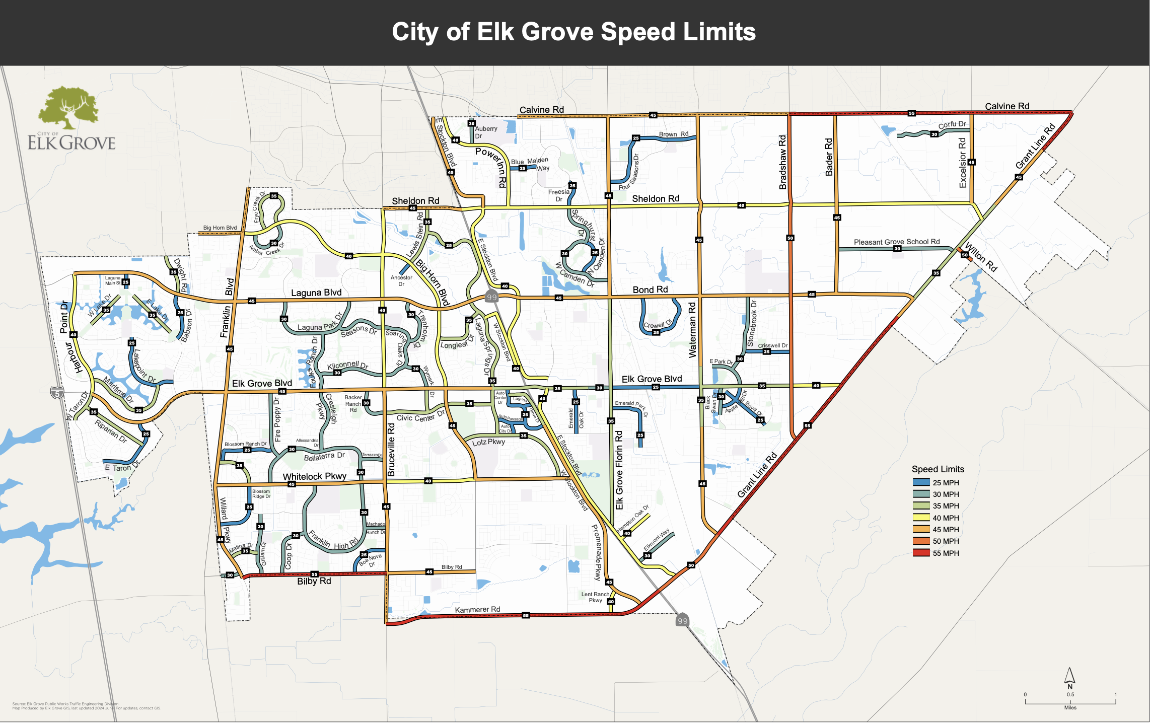 map of Elk Grove with colored roads indicating speed limits