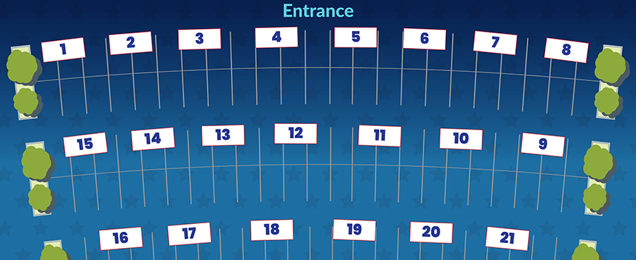 row 1 is vendors 1 to 8, row 2 is vendors 15 to 9, row 2 is 16 to 21. The ordering for rows one and three is the smaller number on the left, row 2 is reversed with the largest number on the left