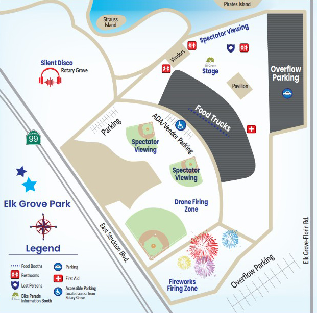 spectator viewing is located in the two small baseball fields, food trucks are in the large parking lot in front of the pavilion, the stage is north west of the pavilion, vendors are northwest of the stage, spectator viewing is north of the vendors, overflow parking is to its east near pirates island, and the silent disco is north of the bike park