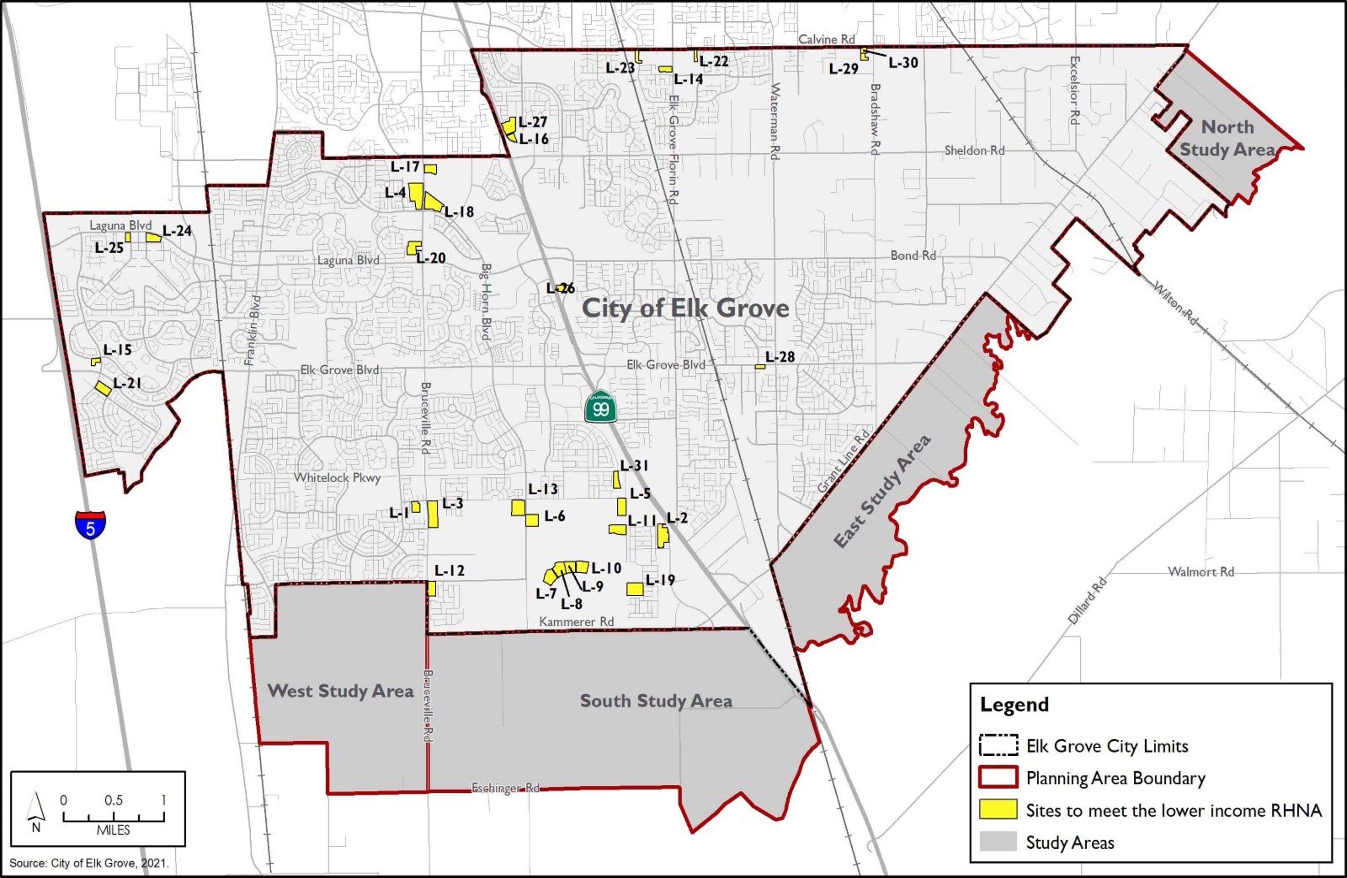map of Elk Grove identifies the sites that meet the lower income RHNA, most sites are located in the south or west parts of Elk Grove
